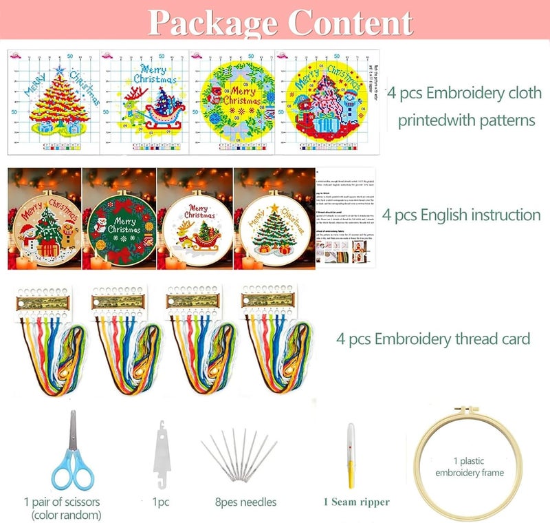 Zhenqing 4 Piece Stamped Cross Stitch Kits Christmas for Beginners,Hand Embroidery kit,Christmas Embroidery Patterns with Embroidery, Tassel, Scissors, Embroidery Tools(68352) - Image 3